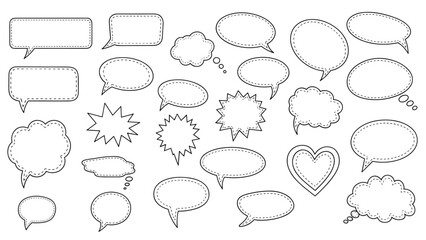 Fototapeta premium Comprehensive collection of hand drawn comic speech bubbles and thought clouds in various shapes for creative design.