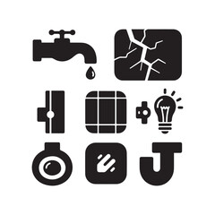 Home Repair and Maintenance Utility Icons Representing Plumbing Electrical Services and House Renovation. 