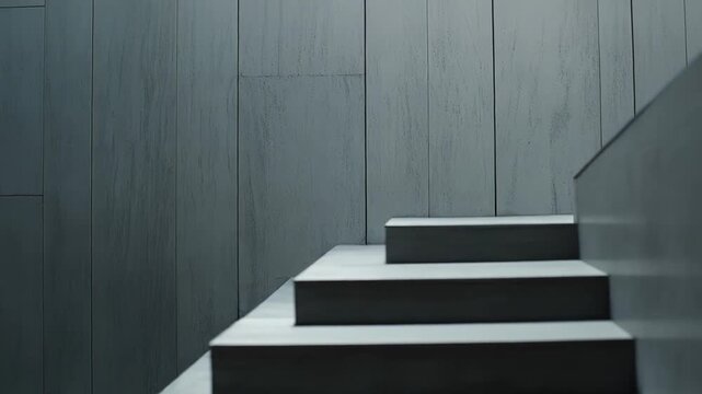 Abstract architectural detail of dark, sleek steps rising against a textured wall, creating a clean, upward composition representing progress, challenge, and future direction