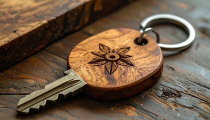 Wooden Key with Floral Engraving on Rustic Table.