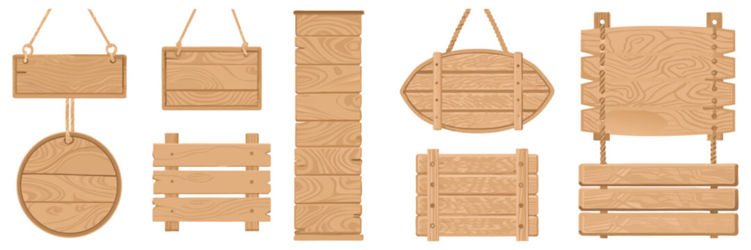 Cute cartoon wooden sign set, multiple blank wooden boards, vintage countryside style, flat vector illustration, soft colors, clean lines.