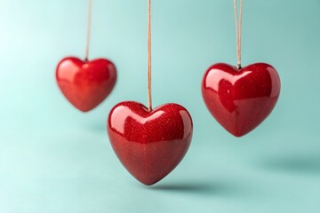 Hanging Glossy Red Hearts on Blue &ndash; Strategy, Abstract, Conceptual, Love, Romance, Valentine, Emotion, Decoration, Minimal, Contrast
