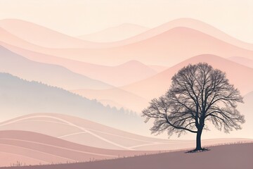 Solitary Tree with Stylized Hillscape &ndash; Strategy, Abstract, Conceptual, Nature, Landscape, Minimal, Calm, Emotion, Dreamy, Serenity