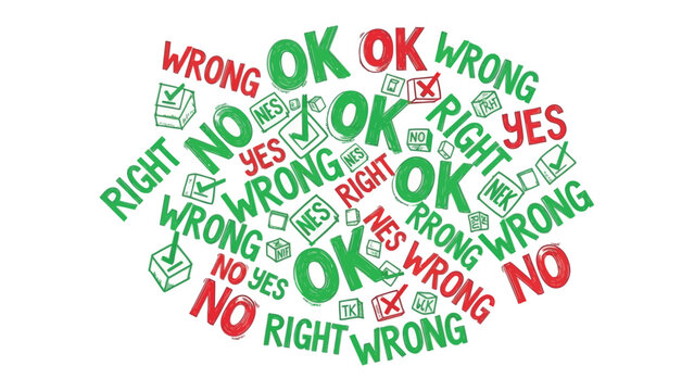 Word Cloud of Choices: A dynamic word cloud filled with contrasting terms - OK, Right, Yes and Wrong, No - representing diverse choices and decisions.