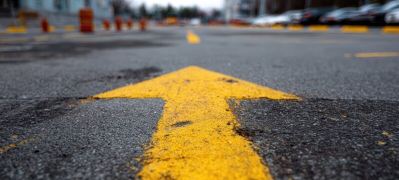 The arrow painted on asphalt leading forward through a blurred urban parking lot