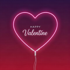 Happy Valentine Neon: Glowing pink heart shaped neon sign with cursive holiday greeting on dark gradient background, modern digital card, glowing night sign and celebration concept