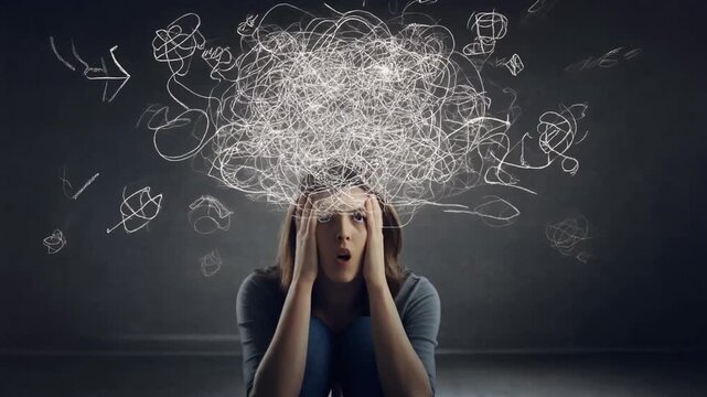 Distressed young woman overwhelmed by a tangled explosion of thoughts, symbolizing profound mental confusion, anxiety, and stress erupting from her mind