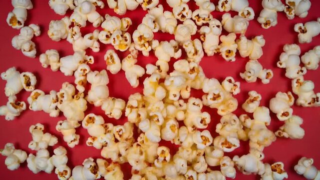 A delightful scattering of freshly popped golden popcorn creates an appealing visual on a vibrant red background, perfect for a movie night or festive snack