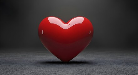 Fototapeta premium Shiny Red Heart Sculpture: 3D glossy heart reflecting light on dark textured floor with spotlight, bold romantic symbol, strength of love and passion concept