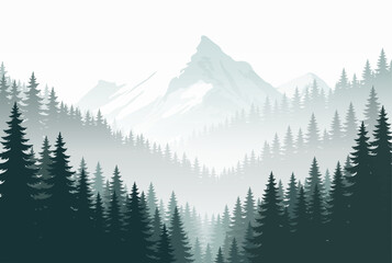 Fototapeta premium Misty Pine Forest Landscape Illustration with Mountain Path. Tranquil Evergreen Woodland Background, Nature Scenic Vector Art for Outdoor, Adventure, Hiking, and Wilderness Themes.