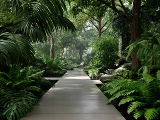 Lush green jungle tropical plant garden path sunlight fern exotic serene nature outdoor peaceful