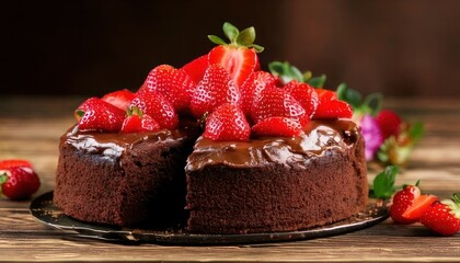 Delicious Chocolate Cake Topped with Fresh Strawberries on Wooden Table.