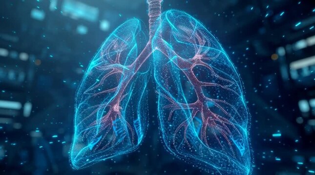 Digital illustration of human lungs with bronchi and trachea in a futuristic medical interface