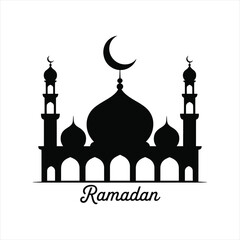 Minimalist mosque silhouette with crescent moon and ramadan calligraphy