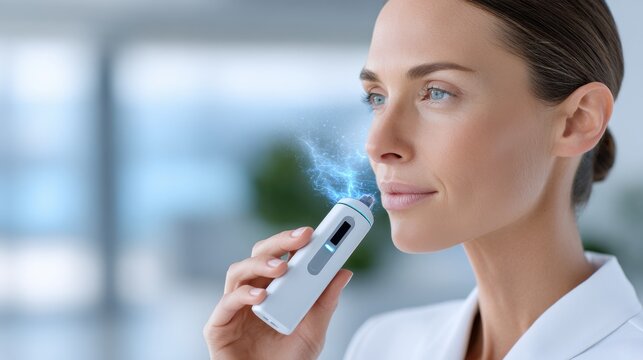 close up side profile of a person blowing into a sleek digital breath ketone meter device, visible digital air flow visualization, blurred tech background