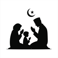 Muslim family silhouette praying together with crescent moon and star