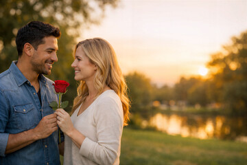 Sunset Romance Couple Sharing a Rose