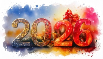 Vibrant Watercolor Painting Celebrating the Year 2026 with Festive Flair.