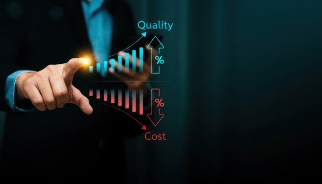 Business optimization concept with graphs showing increased quality and decreased cost
