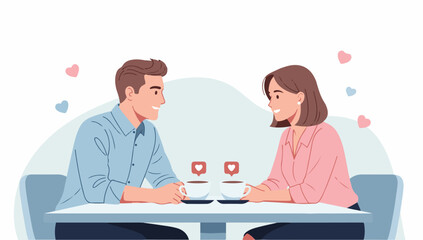 Obraz premium Flat illustration of a romantic couple sitting together at a table and enjoying coffee in valentine day.