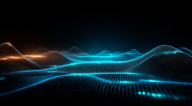 Blue and orange wave pattern with a dark background. The blue and orange colors create a sense of depth and movement