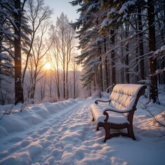 일몰 배경을 배경으로 한 겨울 숲의 눈 덮인 벤치