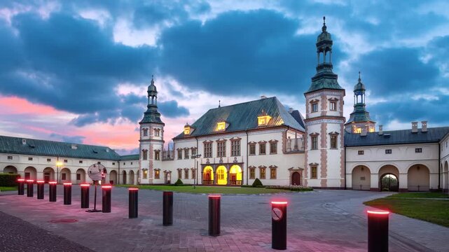 Kielce, Poland - view of former Palace of the Krakow Bishops at dusk (static image with animated sky)