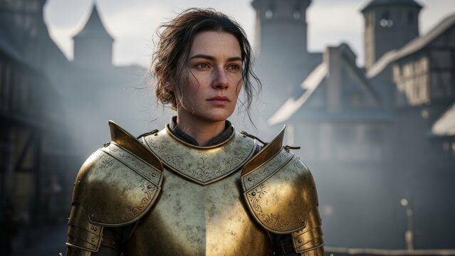 Female warrior in detailed golden armor standing in town