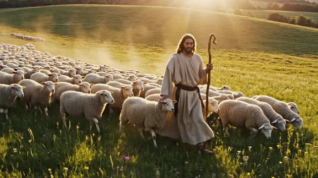 Majestic cinematic slow-motion portrayal of the holy Good Shepherd Jesus Christ guiding his gentle flock across a vibrant sun-drenched green meadow during a peaceful golden hour light.