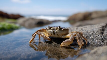Fototapeta premium A crab scuttles sideways near a shallow tide pool on a sunny beach with ocean waves in the background