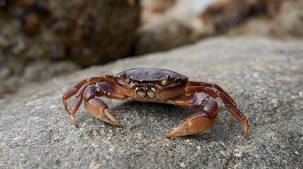 A brown crab with prominent claws rests on a textured grey rock in its natural coastal environment