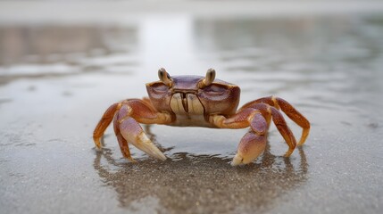 A detailed close up of a brown crab moving across wet sand on a beach