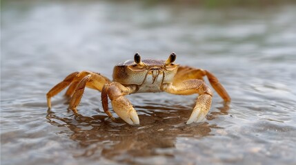 A detailed ro photograph captures a solitary brown crab scuttling sideways through shallow clear water along a wet sandy shoreline with gentle