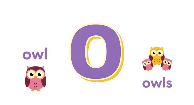 Cute Letter O Alphabet Flashcard: Singular and Plural "Owl" vs "Owls" for English Grammar and Kids Education