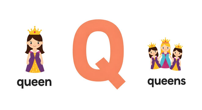 Cute Letter Q Alphabet Flashcard: Singular and Plural "Queen" vs "Queens" for English Grammar and Kids Education