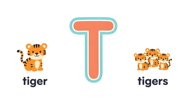Cute Letter T Alphabet Flashcard: Singular and Plural "Tiger" vs "Tigers" for English Grammar and Kids Education