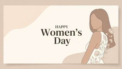 Woman Silhouette with Flowers, Happy Women's Day Text, Minimalist Graphic