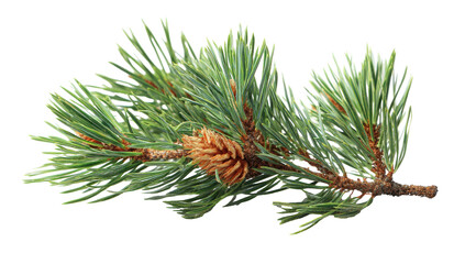 Close-up of a pine branch with needles and a cone