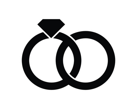 A simple black graphic of two interlocking wedding rings with one featuring a diamond on a white background.