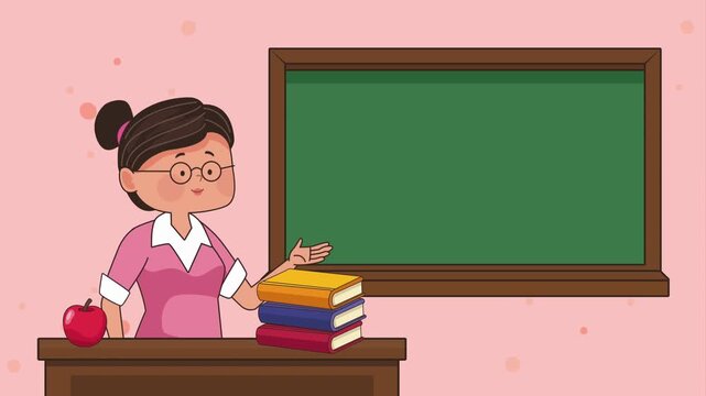 Cartoon Teacher Presenting in Classroom with Chalkboard and Books