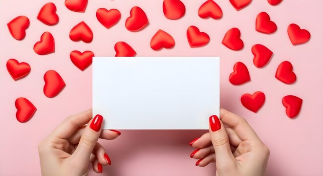 Blank Valentine Card: Female hands holding white rectangular mockup paper over pink background with scattered red hearts, romantic message and invitation concept