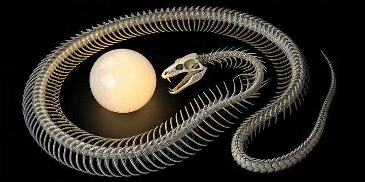 Snake skeleton circling glowing light sphere on black background representing ancient symbols of cycle life death and knowledge