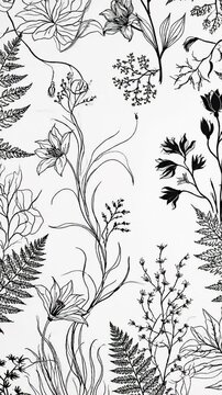 Elegant Black and White Botanical Illustration With Ferns and Flowers