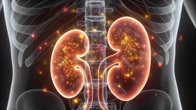 Dynamic 3D illustration of human kidneys within the intricate torso structure, showcasing their vital internal processes and anatomical detail for medical and educational contexts