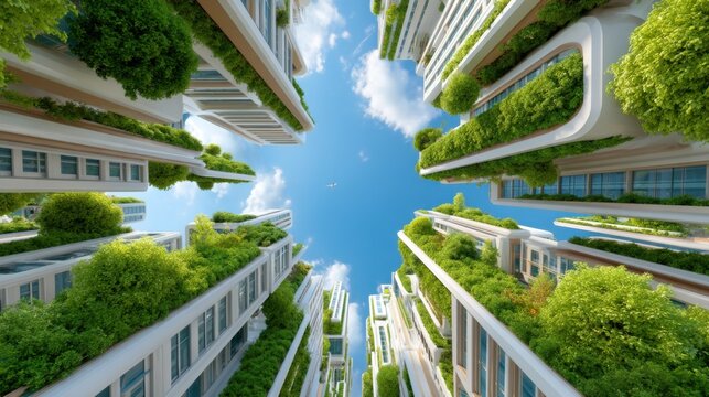 Solarpunk city panorama, wide angle view of futuristic green skyscrapers with vertical gardens, flying vehicles, bright blue sky, utopian atmosphere