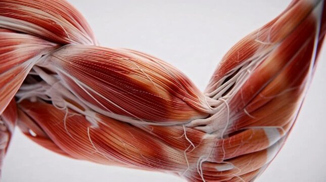 Detailed illustration of human arm muscles twisted to reveal intricate anatomy from a close-up viewpoint
