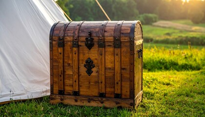 Obraz premium Antique Wooden Treasure Chest in a Lush Green Field.