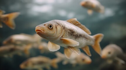 Obraz premium Close up of a golden koi fish swimming in a clear aquarium surrounded by other fish