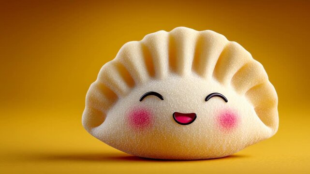 Cute cartoon dumpling character with smiling face transitions to surprised expression against a vibrant yellow background, showcasing playful emotions and charming design elements