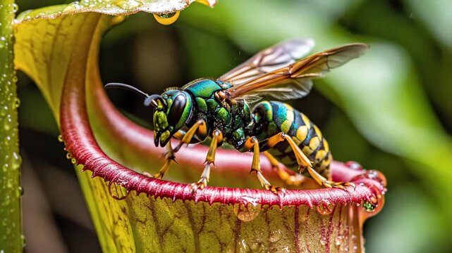 Entomological interaction: Close-up exploration of a wasp and a pitcher plant in nature's embrace